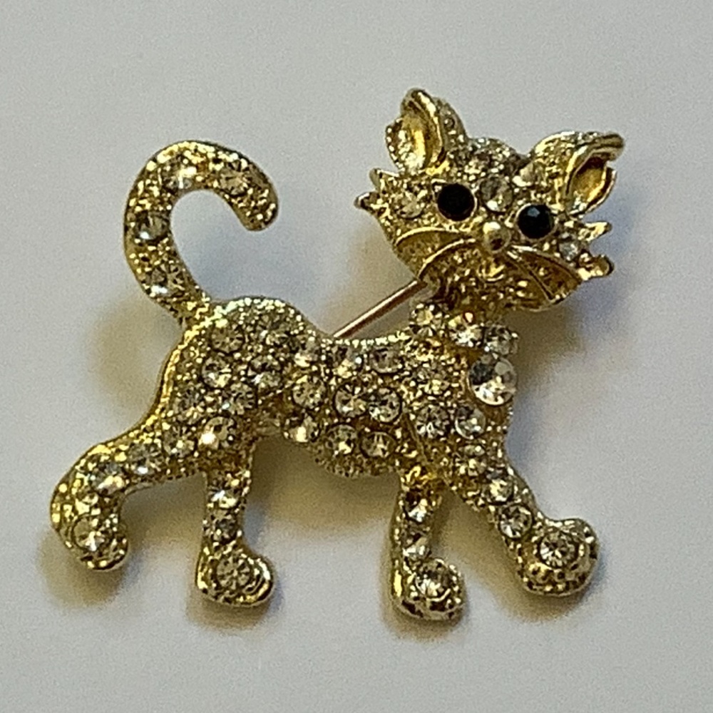 Gold Tone Rhinestone Cat Brooch - Picture 4 of 8
